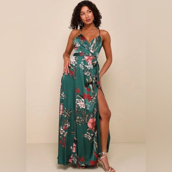 Lulus Dresses & Skirts - Lulu's Still The One Emerald Green Floral Satin Maxi Dress XS NWT